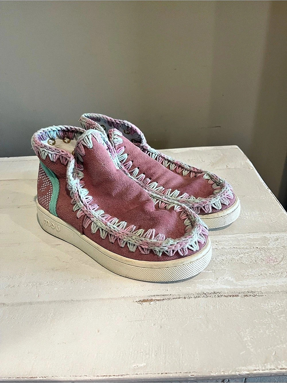 MOU Embroidered Slip-On Booties in Pink